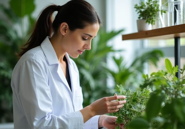 Primer plano de un consultor analizando plantas medicinales en un laboratorio moderno